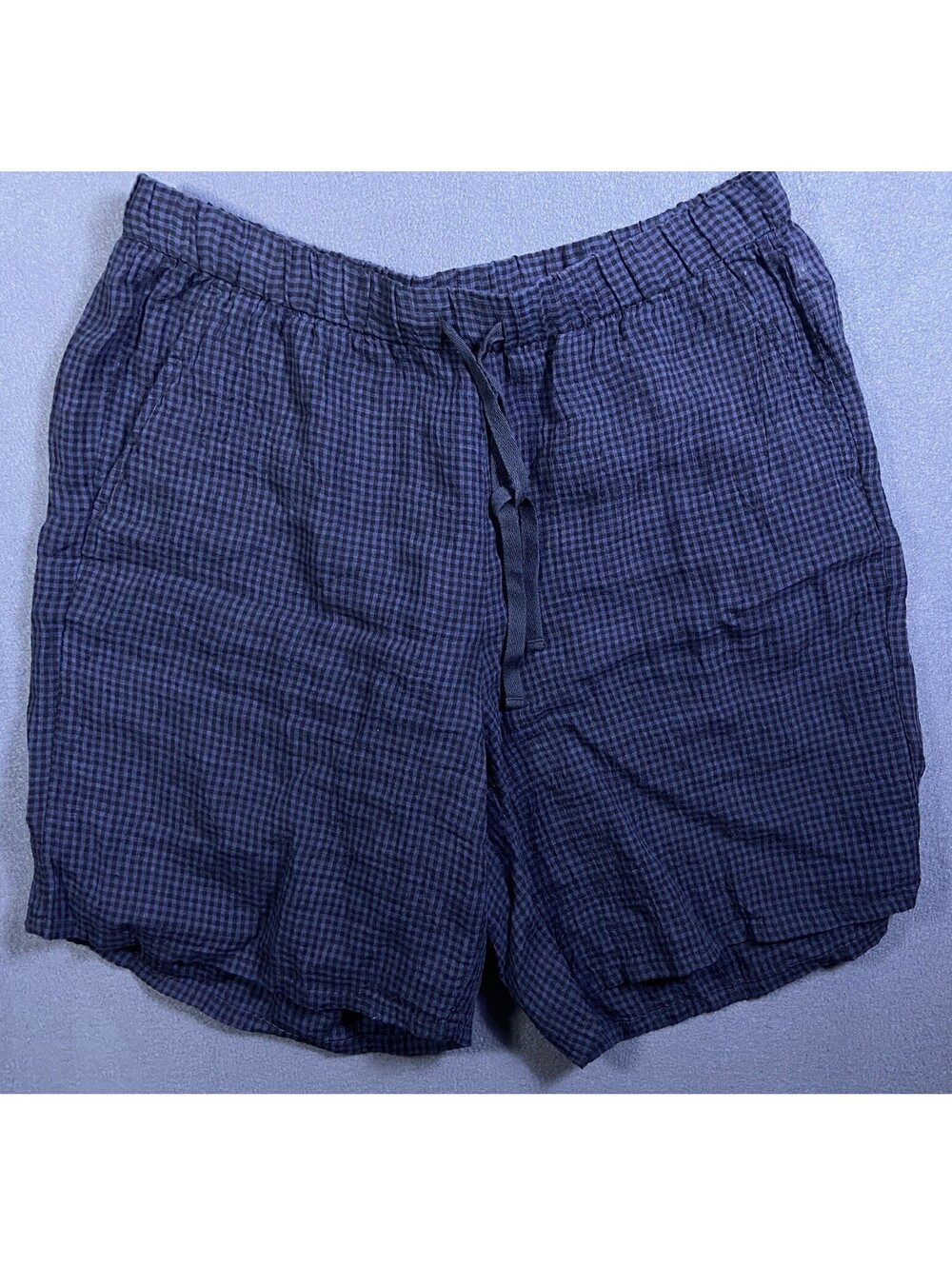 Eileen Fisher Blue Gingham Organic Linen Breathable Gauze Beach Shorts Sz. L EUC